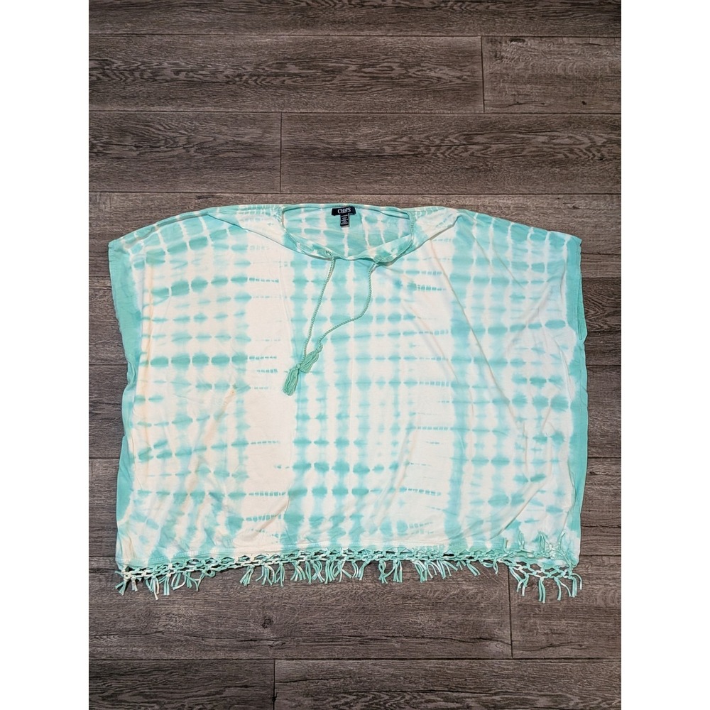 Chaps Denim Womens 2X Tie Dye Fringe Poncho Top Teal White Boho Tassel Plus Size